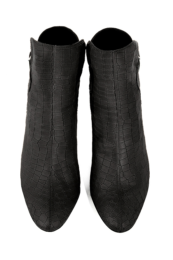 Dark grey women's ankle boots with buckles at the back. Round toe. High kitten heels. Top view - Florence KOOIJMAN